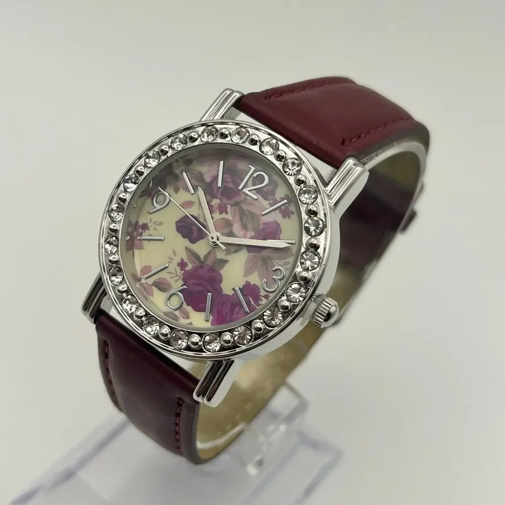 Floral Dial Crystal Bezel Women’s Watch Brown Leather Working New Battery
